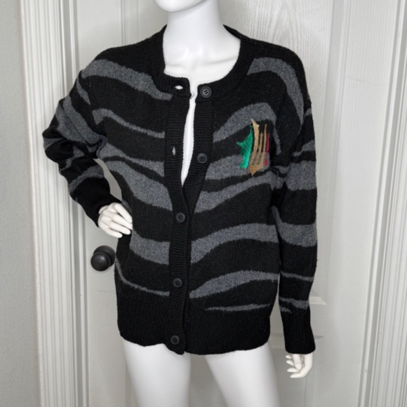 Paul Tazewell Wicked Sz M Black/Grey Stripe Button Cardigan embroidered Graphic - Picture 4 of 12